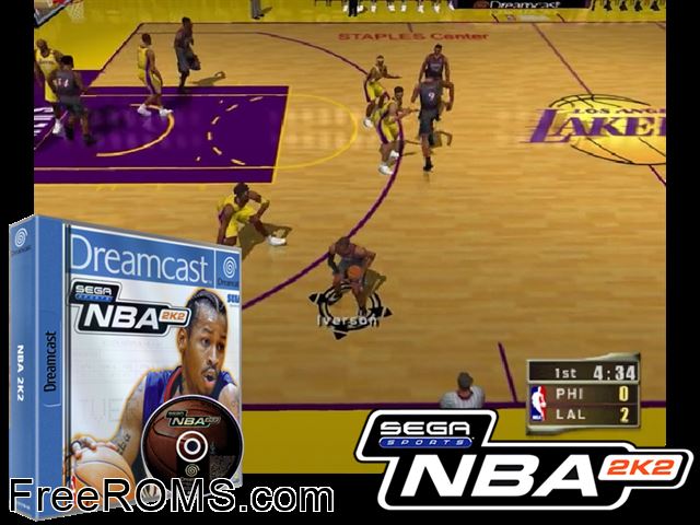 NBA 2K2 v1.001 Sega Dreamcast game showing 3D box cover and gameplay screenshot