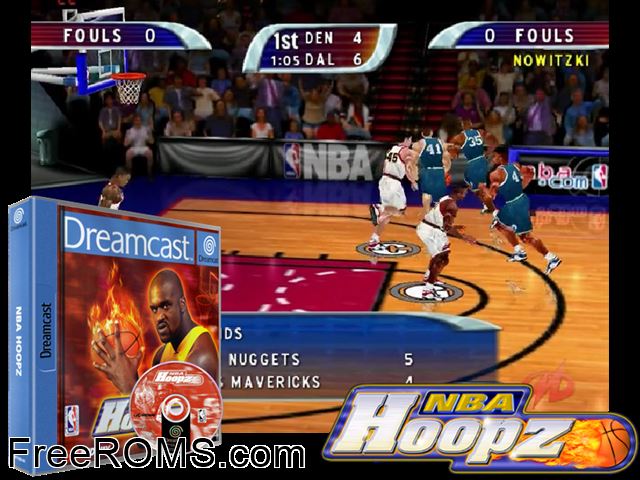 NBA Hoopz v1.000 (M3) Sega Dreamcast game showing 3D box cover and gameplay screenshot