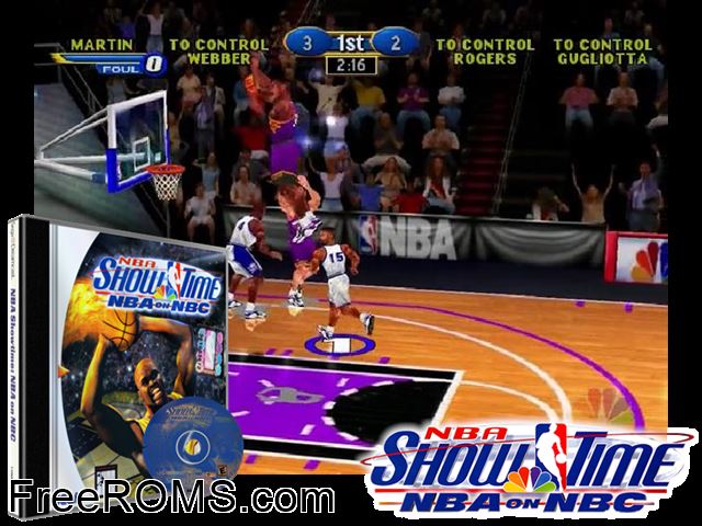 NBA Showtime - NBA on NBC v1.003 Sega Dreamcast game showing 3D box cover and gameplay screenshot