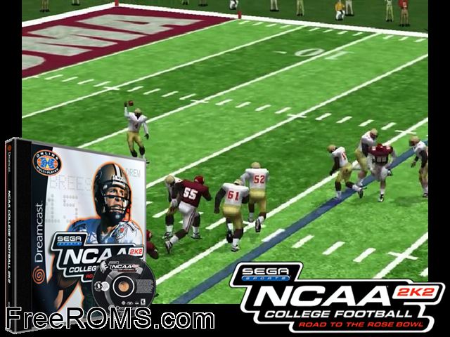 NCAA College Football 2K2 - Road to the Rose Bowl v1.003 Sega Dreamcast game showing 3D box cover and gameplay screenshot