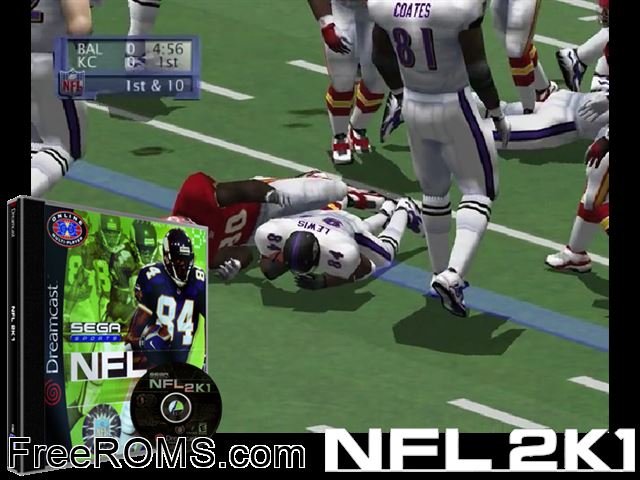 NFL 2K1 v1.003 Sega Dreamcast game showing 3D box cover and gameplay screenshot