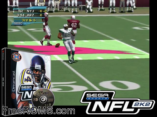 NFL 2K2 v1.004 Sega Dreamcast game showing 3D box cover and gameplay screenshot