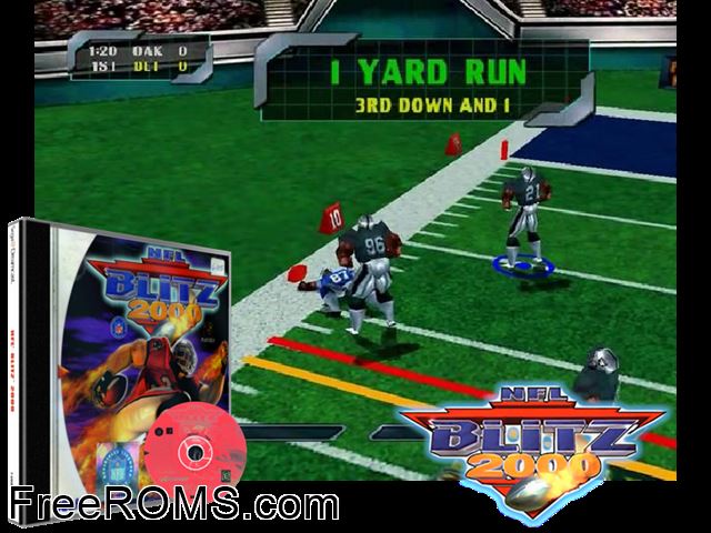 NFL Blitz 2000 v1.002 Sega Dreamcast game showing 3D box cover and gameplay screenshot