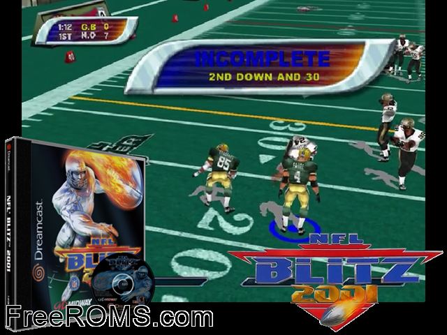 NFL Blitz 2001 v1.001 Sega Dreamcast game showing 3D box cover and gameplay screenshot
