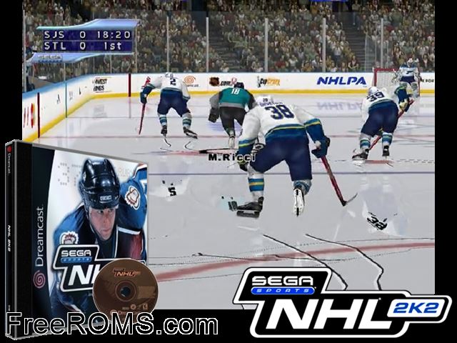 NHL 2K2 v1.008 Sega Dreamcast game showing 3D box cover and gameplay screenshot
