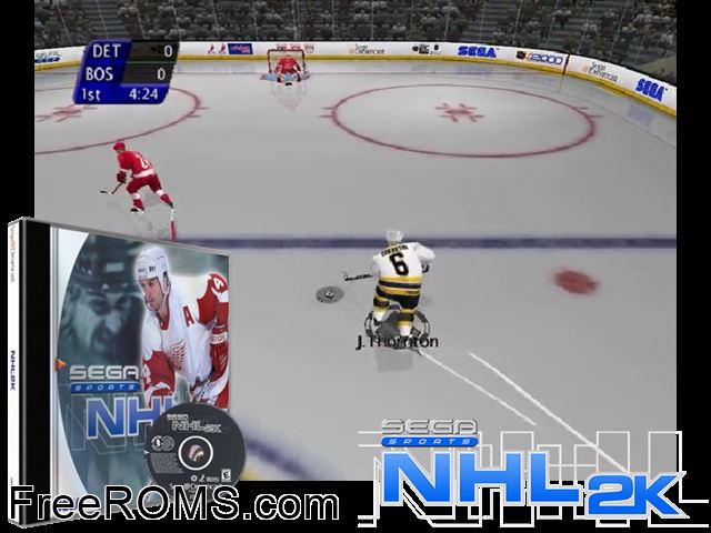 NHL 2K v1.000 Sega Dreamcast game showing 3D box cover and gameplay screenshot