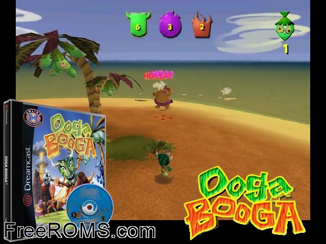 Ooga Booga v1.001 Sega Dreamcast game showing 3D box cover and gameplay screenshot