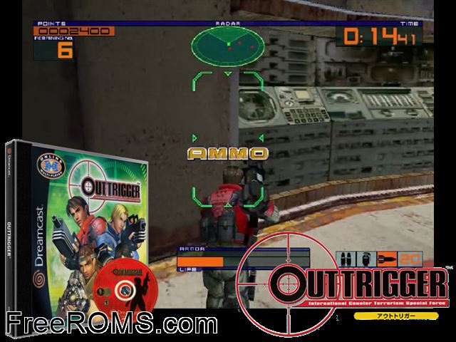 Outtrigger v1.003 Sega Dreamcast game showing 3D box cover and gameplay screenshot