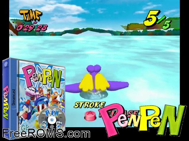 PenPen v1.030 (M6) Sega Dreamcast game showing 3D box cover and gameplay screenshot