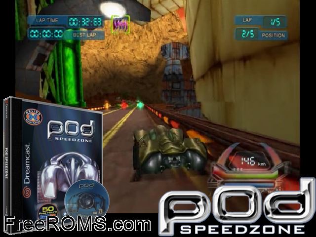 POD - Speedzone v1.002 Sega Dreamcast game showing 3D box cover and gameplay screenshot