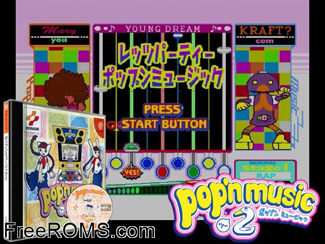 Popn Music 2 v1.001 (JP) Sega Dreamcast game showing 3D box cover and gameplay screenshot
