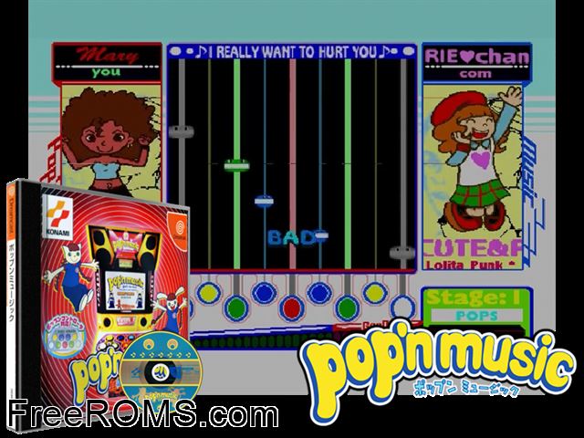 Popn Music v1.200 (JP) Sega Dreamcast game showing 3D box cover and gameplay screenshot