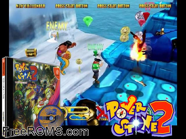 Power Stone 2 v2.000 (JP) Sega Dreamcast game showing 3D box cover and gameplay screenshot