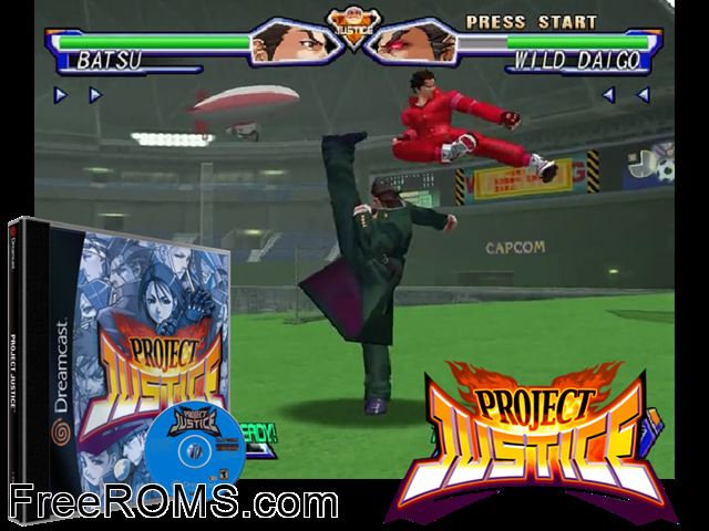 Project Justice v1.001 Sega Dreamcast game showing 3D box cover and gameplay screenshot