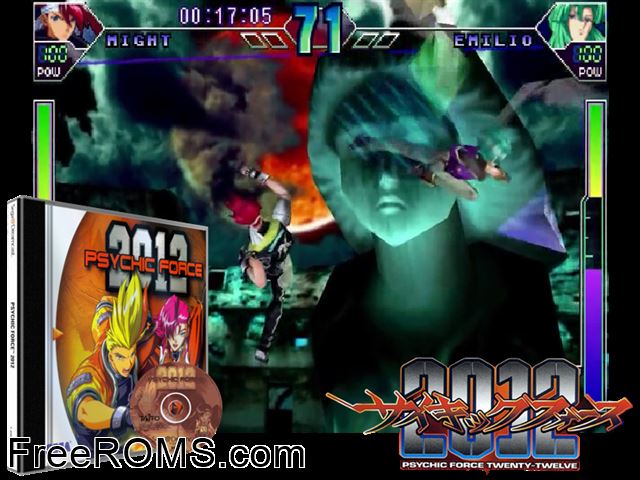 Psychic Force 2012 v1.010 Sega Dreamcast game showing 3D box cover and gameplay screenshot