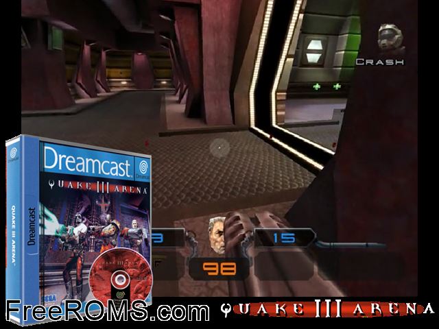 Quake III Arena v1.000 (M4) Sega Dreamcast game showing 3D box cover and gameplay screenshot