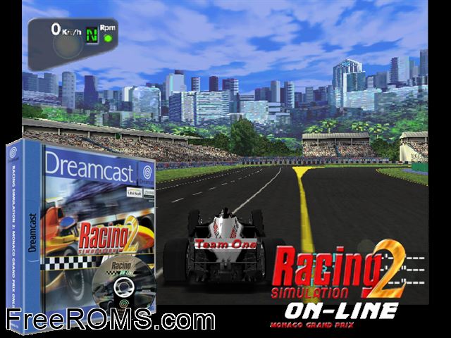 Racing Simulation 2 - Monaco Grand Prix On-Line v1.002 Sega Dreamcast game showing 3D box cover and gameplay screenshot