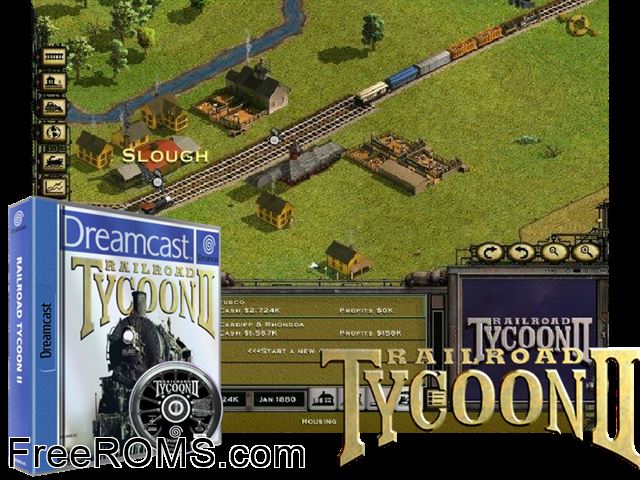 Railroad Tycoon II v1.002 (M3) Sega Dreamcast game showing 3D box cover and gameplay screenshot