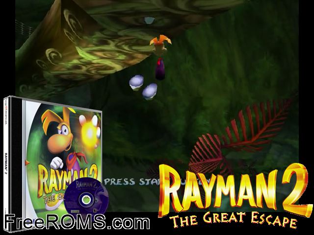 Rayman 2 - The Great Escape v1.003 Sega Dreamcast game showing 3D box cover and gameplay screenshot