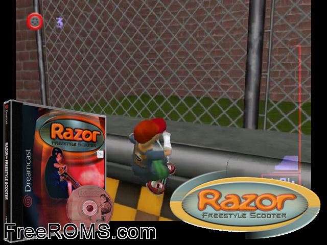 Razor Freestyle Scooter v1.000 Sega Dreamcast game showing 3D box cover and gameplay screenshot