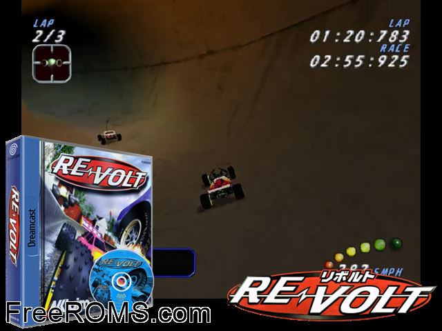 Re-Volt v1.001 (M5) Sega Dreamcast game showing 3D box cover and gameplay screenshot