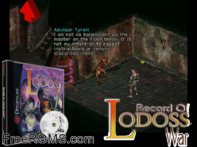 Record of Lodoss War v1.001 Sega Dreamcast game showing 3D box cover and gameplay screenshot