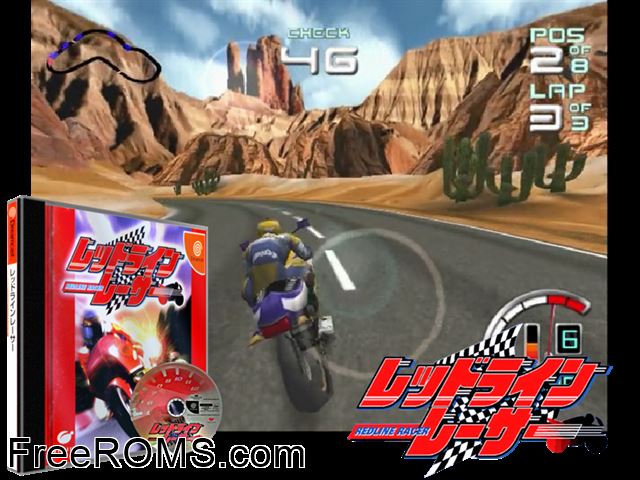 Redline Racer v1.001 (JP) Sega Dreamcast game showing 3D box cover and gameplay screenshot