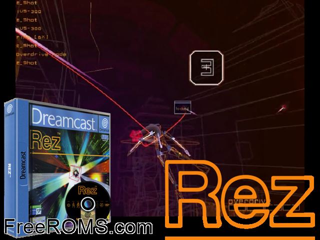 Rez v1.003 (JP)(M6) Sega Dreamcast game showing 3D box cover and gameplay screenshot