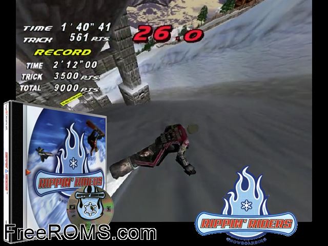 Rippin Riders Snowboarding v1.001 Sega Dreamcast game showing 3D box cover and gameplay screenshot