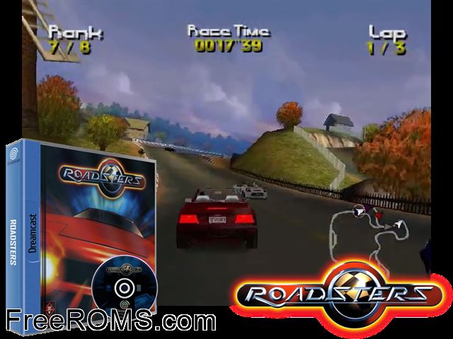 Roadsters v1.010 (M6) Sega Dreamcast game showing 3D box cover and gameplay screenshot