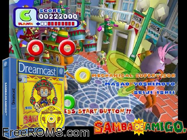 Samba De Amigo v1.002 Sega Dreamcast game showing 3D box cover and gameplay screenshot