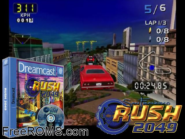 San Francisco RUSH 2049 v1.002 (M6) Sega Dreamcast game showing 3D box cover and gameplay screenshot