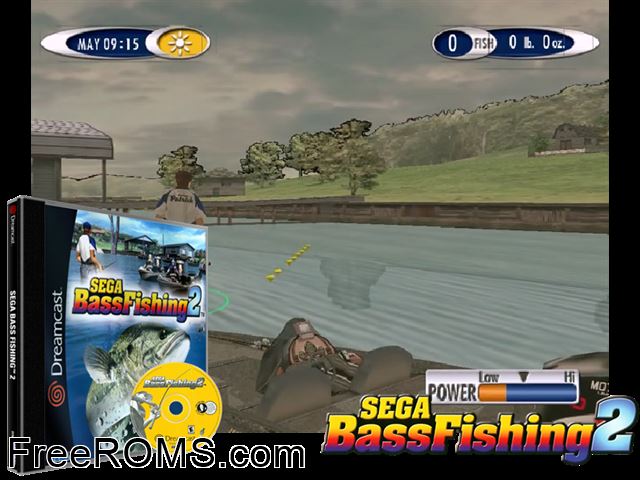 Sega Bass Fishing 2 Sega Dreamcast game showing 3D box cover and gameplay screenshot