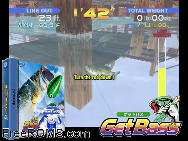 Sega Bass Fishing v1.020 Sega Dreamcast game showing 3D box cover and gameplay screenshot