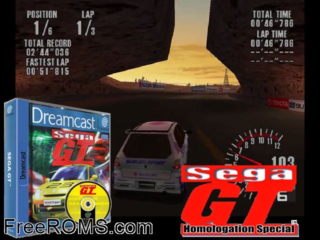 Sega GT v1.001 (M4) Sega Dreamcast game showing 3D box cover and gameplay screenshot