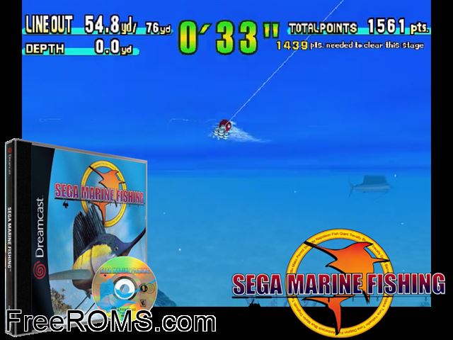 Sega Marine Fishing v1.001 Sega Dreamcast game showing 3D box cover and gameplay screenshot