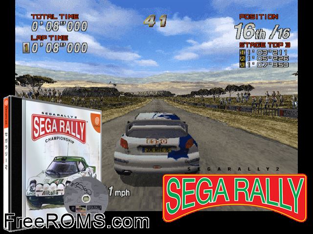 Sega Rally 2 v1.04 (JP) Sega Dreamcast game showing 3D box cover and gameplay screenshot