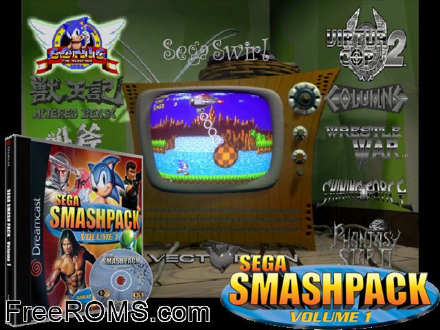Sega Smashpack Volume 1 v1.002 Sega Dreamcast game showing 3D box cover and gameplay screenshot