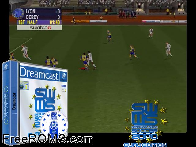 Sega Worldwide Soccer 2000 - Euro Edition v1.030 (M4) Sega Dreamcast game showing 3D box cover and gameplay screenshot