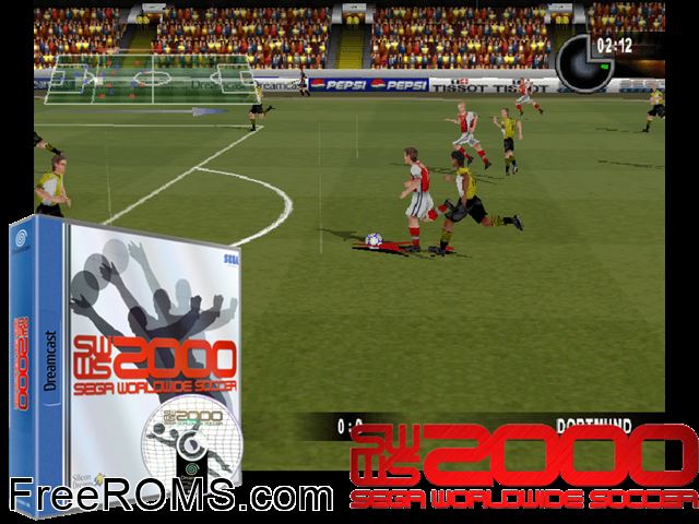 Sega Worldwide Soccer 2000 v1.300 (M4) Sega Dreamcast game showing 3D box cover and gameplay screenshot