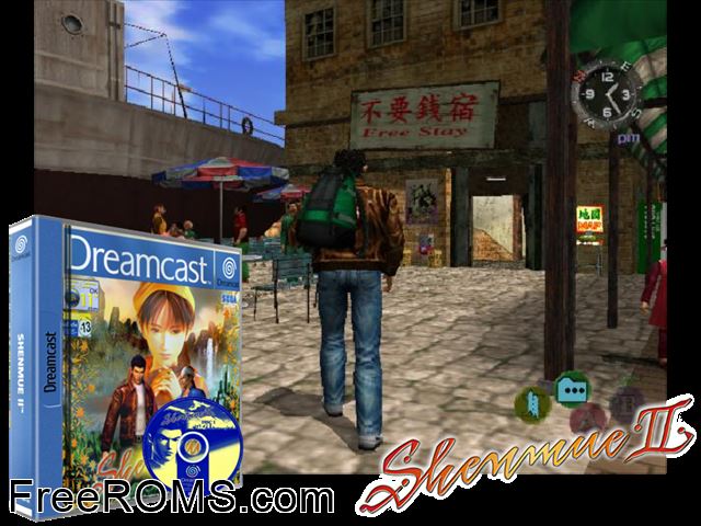 Shenmue II v1.001 (M4)(Disc 1 of 4) Sega Dreamcast game showing 3D box cover and gameplay screenshot