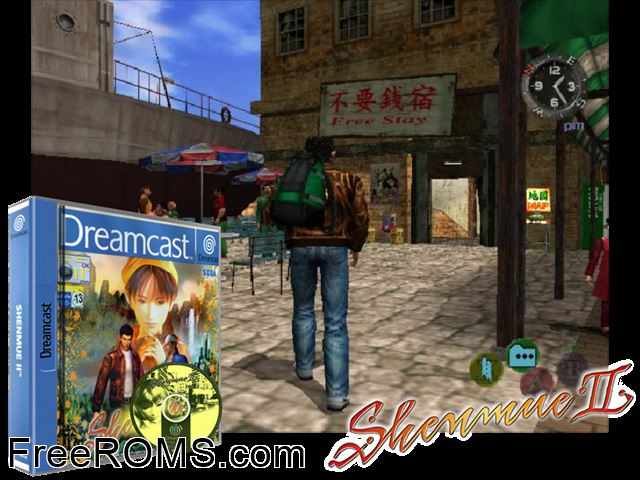 Shenmue II v1.001 (M4)(Disc 2 of 4) Sega Dreamcast game showing 3D box cover and gameplay screenshot