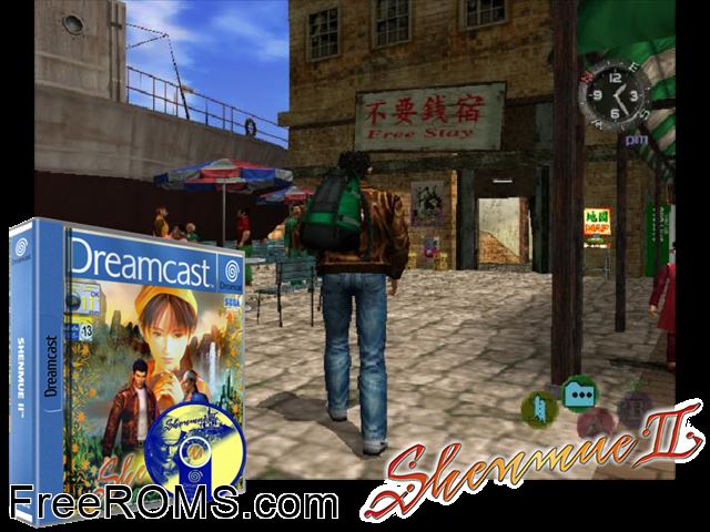Shenmue II v1.001 (M4)(Disc 3 of 4) Sega Dreamcast game showing 3D box cover and gameplay screenshot