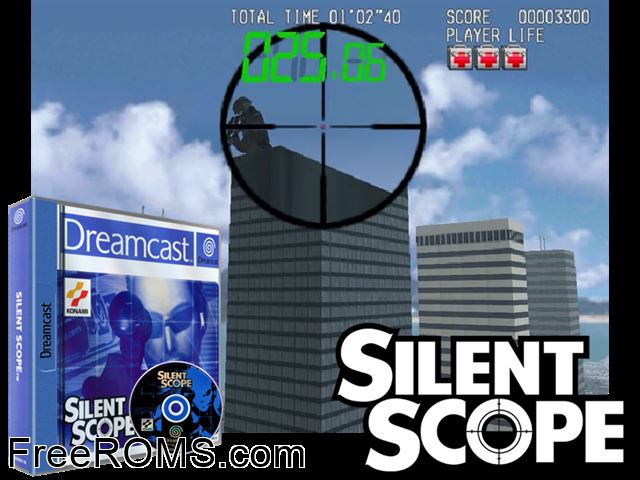 Silent Scope v1.000 (M5) Sega Dreamcast game showing 3D box cover and gameplay screenshot