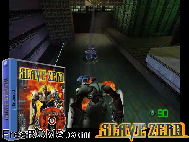 Slave Zero v1.000 (M5) Sega Dreamcast game showing 3D box cover and gameplay screenshot