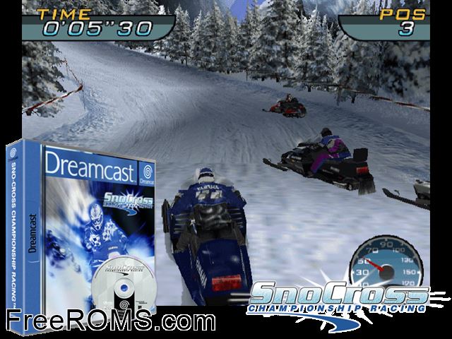SnoCross - Championship Racing v1.000 (M3) Sega Dreamcast game showing 3D box cover and gameplay screenshot