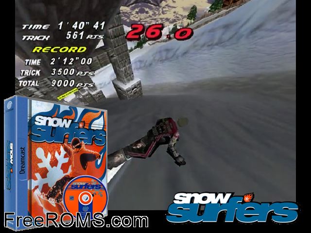 Snow Surfers v1.001 Sega Dreamcast game showing 3D box cover and gameplay screenshot