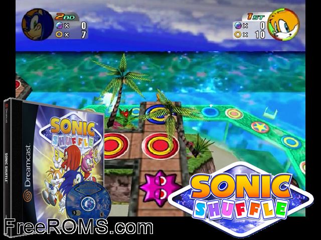 Sonic Shuffle v1.000 Sega Dreamcast game showing 3D box cover and gameplay screenshot
