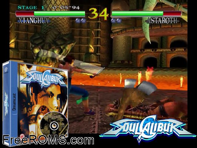 Soul Calibur v1.001 (M4) Sega Dreamcast game showing 3D box cover and gameplay screenshot