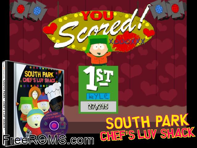 South Park - Chefs Luv Shack v1.000 Sega Dreamcast game showing 3D box cover and gameplay screenshot